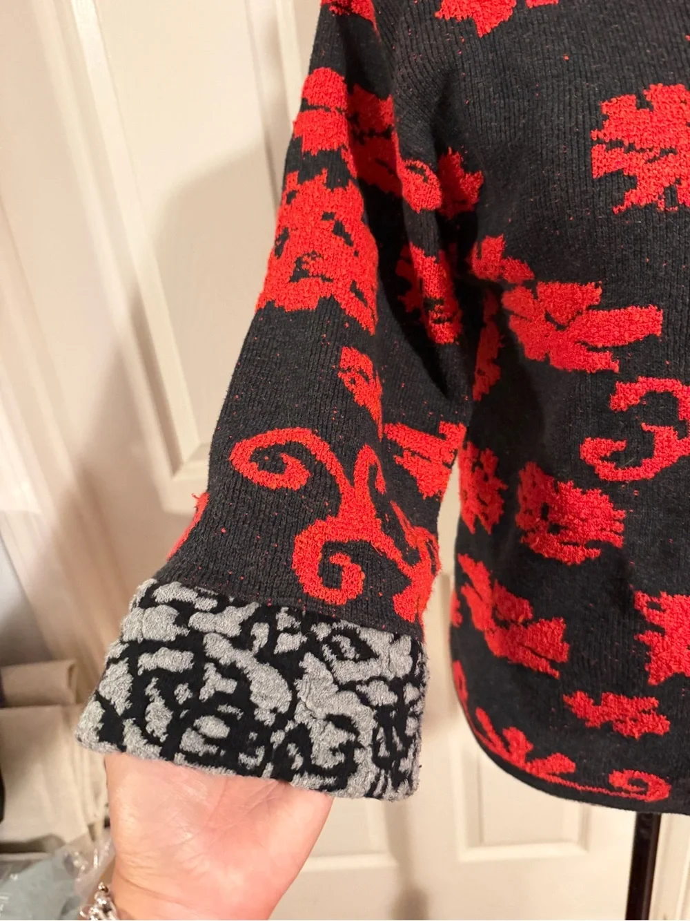 Anthropologie Red Floral Zip-Front knit Jacket